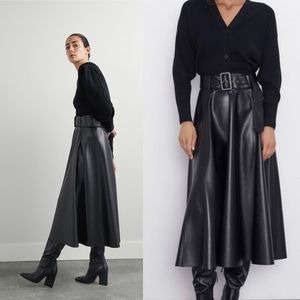 NWT Zara Faux Leather Belted Midi Skirt